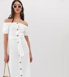 Asos Design Tall Exclusive Button Through Bardot Slub Midi Sundress-white