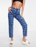 New Look Mom Jeans In Mid Blue Monogram Print