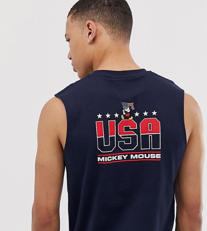 Asos Design Tall Mickey Sleeveless T-shirt With Chest And Back Print - Navy