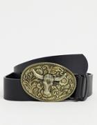 Asos Design Slim Belt In Black Faux Leather With Antique Gold Animal Plate Buckle