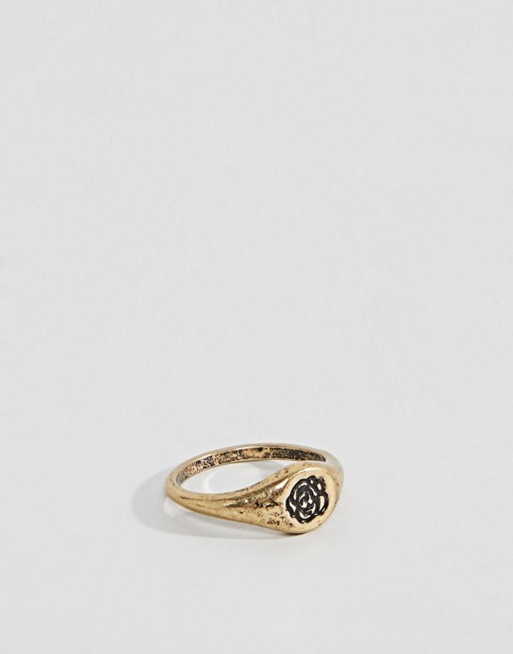 Asos Design Ditsy Signet Ring With Rose In Burnished Gold - Gold