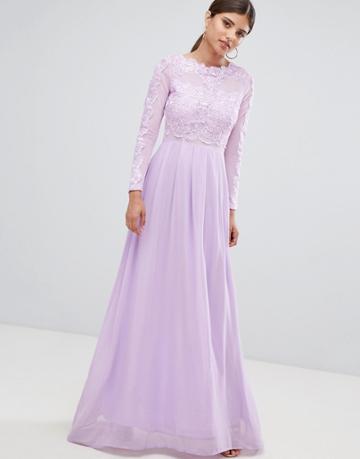 Ax Paris Long Sleeve Maxi Dress With Lace Upper - Purple