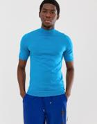 Asos Design Knitted Muscle Fit Turtleneck T-shirt In Blue - Blue