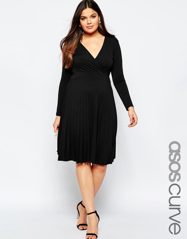 Asos Curve Crepe Midi Dress With Pleated Skirt - Black