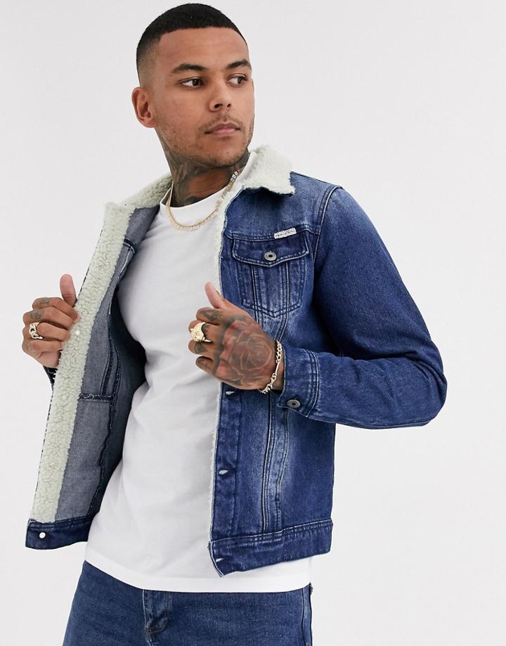 Liquor N Poker Denim Jacket With Fleece Collar In Dark Blue Wash