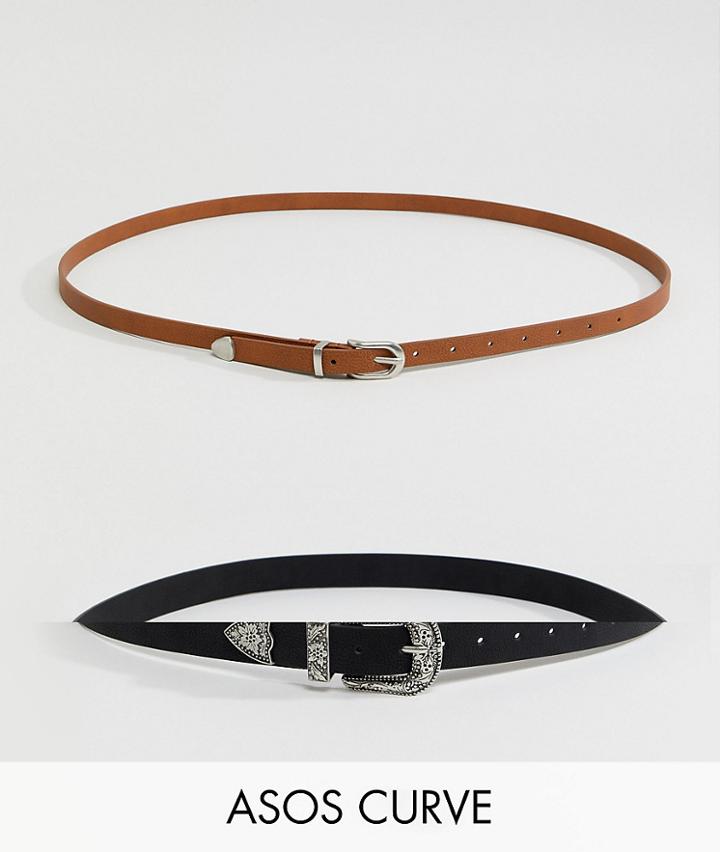 Asos Design Curve 2 Pack Western Waist & Hip Belts In Water Based Pu - Multi