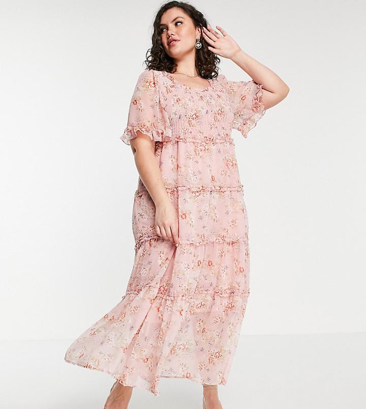 Simply Be Chiffon Tiered Maxi Dress With Shirred Detail In Pink Floral Print-multi