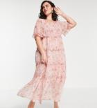 Simply Be Chiffon Tiered Maxi Dress With Shirred Detail In Pink Floral Print-multi
