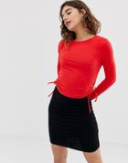 Noisy May Ruched Side Long Sleeve Top - Red