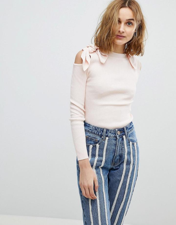 Lost Ink Sweater With Bow Cold Shoulder - Pink