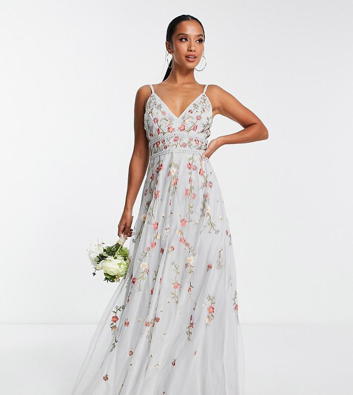 Asos Design Petite Bridesmaid Floral Embrodiered Cami Maxi Dress With Embellishment In Soft Blue
