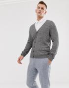 Asos Design Knitted Cotton Cardigan In Gray Twist-black