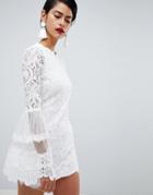 Missguided High Neck Bell Sleeve Lace Dress - White