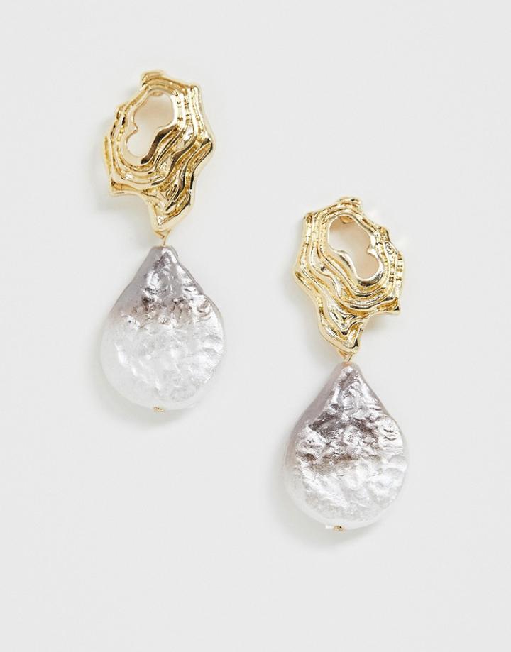 Asos Design Earrings With Abstract Stud And Iridescent Pearl Drop In Gold Tone - Gold