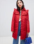 Love Moschino Frill Quilted Coat With Branded Circle Zip Puller - Red