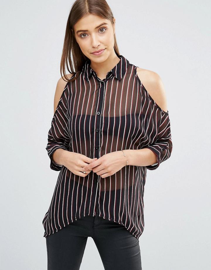 Ax Paris Pinstripe Cold Shoulder Shirt - Black