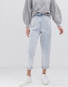 Asos Design Tapered Boyfriend Jean With Curved Seam Detail In Bleach Acid Wash - Blue