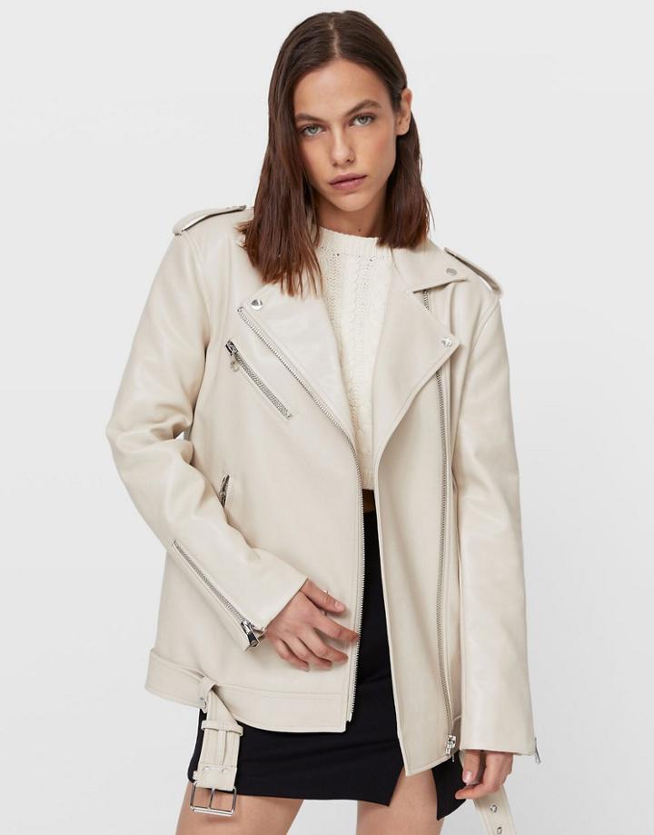 Stradivarius Oversized Faux Leather Jacket In Ecru-white