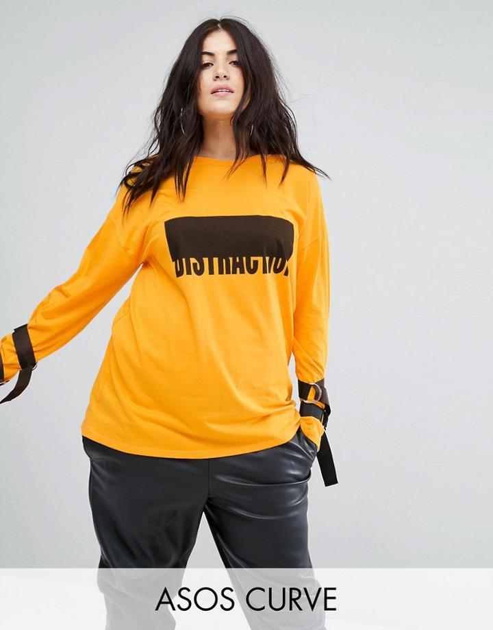 Asos Curve Top With Long Sleeves & D-ring Tie Detail With Distraction Print - Yellow