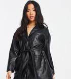 Topshop Petite Faux Leather Belted Shirt Jacket With Revere Collar In Black