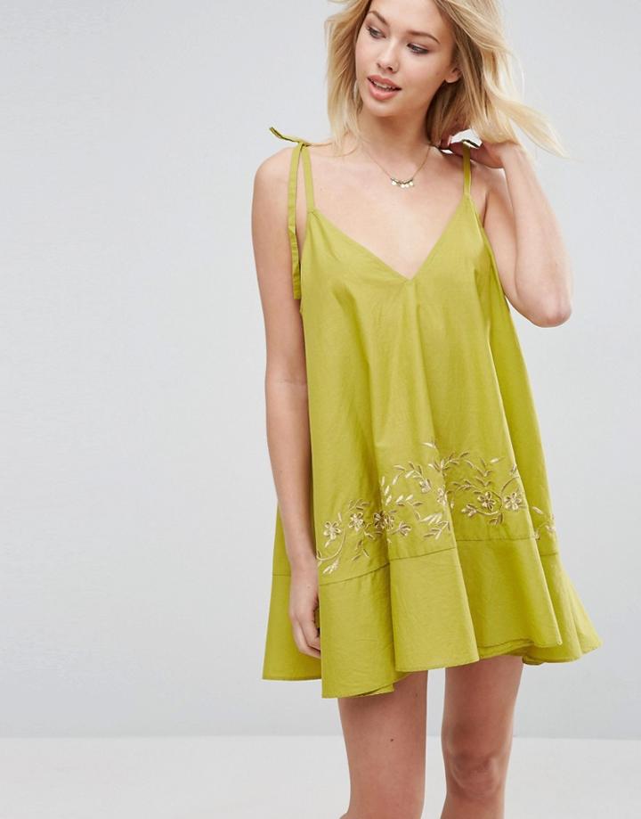 Asos Mini Swing Beach Dress With Gold Embroidery - Green