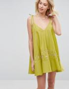 Asos Mini Swing Beach Dress With Gold Embroidery - Green