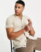 Selected Homme Knitted Revere Collar Button Up Polo Shirt In Sand-neutral