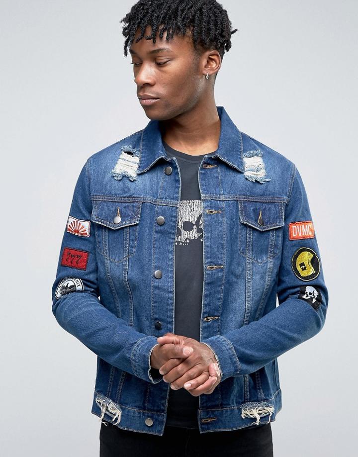 Dirty Denim Patches Ripped Denim Jacket - Blue