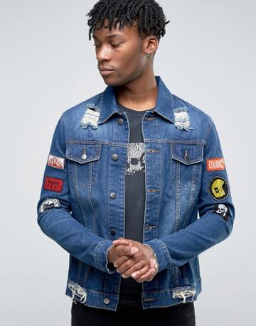 Dirty Denim Patches Ripped Denim Jacket - Blue