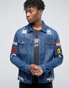 Dirty Denim Patches Ripped Denim Jacket - Blue
