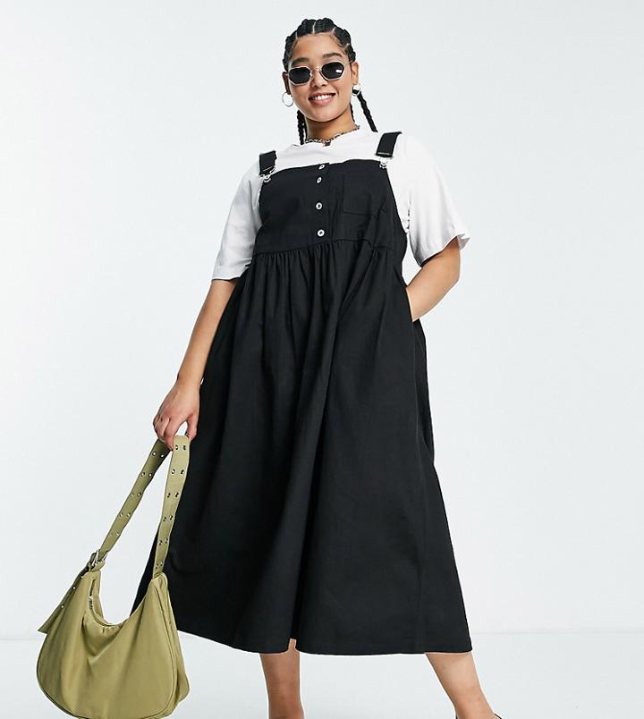 Collusion Plus Overall Twill Smock Midi Dress In Black