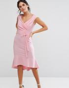 City Goddess Wrap Front Peplum Midi Dress - Pink