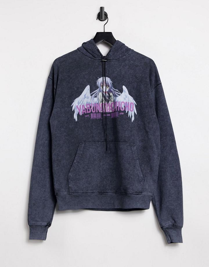 Night Addict Washed Black Printed Oversized Hoodie