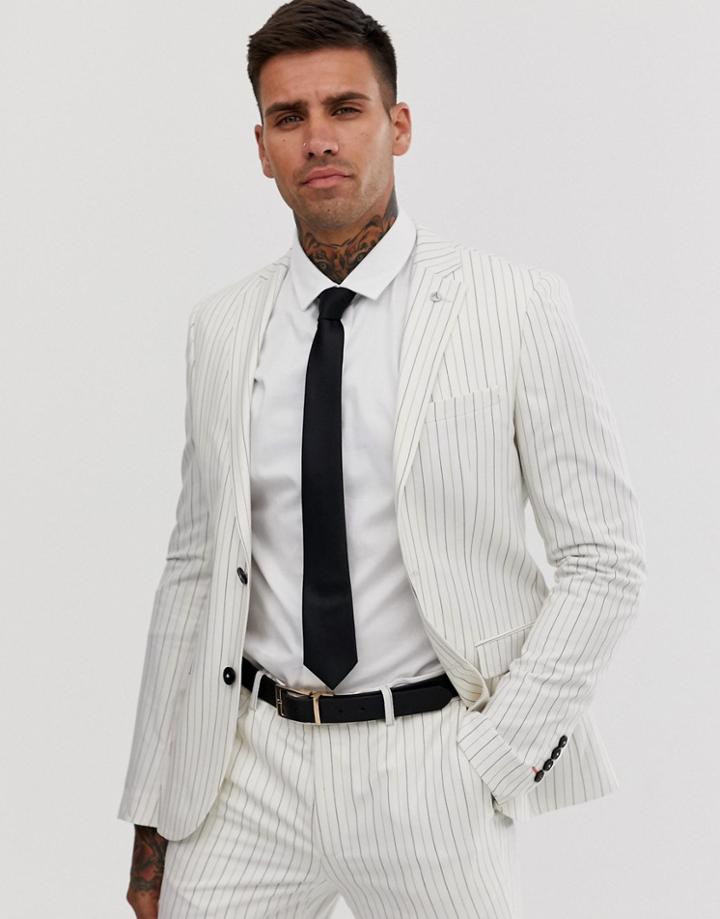 Avail London Skinny Fit Suit Jacket In Stone With Navy Pinstripe - Stone