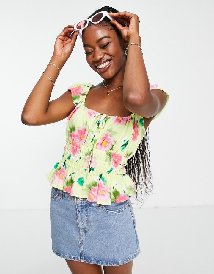 Asos Design Ruffle Sleeve Top With Channel Waist Detail In Green & Rose Print-multi
