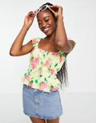 Asos Design Ruffle Sleeve Top With Channel Waist Detail In Green & Rose Print-multi