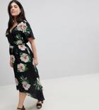 Brave Soul Plus Lillian Wrap Midi Dress In Floral Print - Black