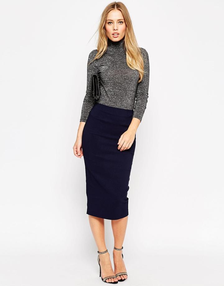 Asos High Waist Longerline Pencil Skirt - Navy