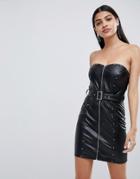 Lasula Pu Bandeau Zip Front Mini Dress With Belt Detail In Black - Black