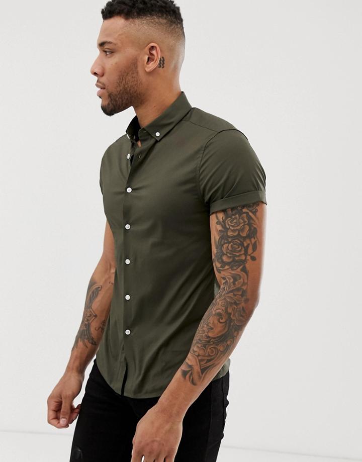 Asos Design Skinny Short Sleeve Shirt With Button Down Collar In Khaki - Green