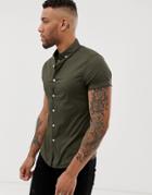 Asos Design Skinny Short Sleeve Shirt With Button Down Collar In Khaki - Green