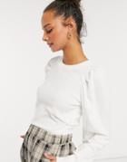 Asos Design Volume Sleeve Sweater With Ruched Waist In White