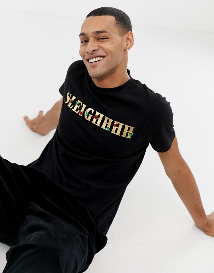 Asos Design Holidays T-shirt With Gold Sleigh Print And Gems - Black