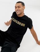 Asos Design Holidays T-shirt With Gold Sleigh Print And Gems - Black