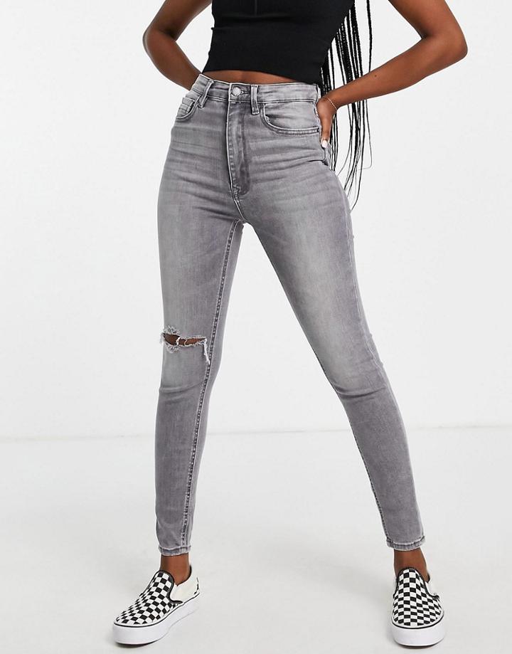 Stradivarius Super High Waist Skinny Jean With Rip In Gray-grey