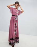 Little Mistress Floral Placement Stripe Border Maxi Dress - Multi