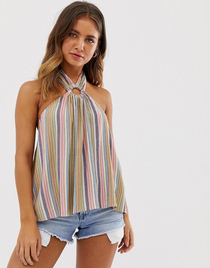 Asos Design Halter Sun Top With Ring Detail In Casual Stripe Print - Multi
