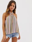 Asos Design Halter Sun Top With Ring Detail In Casual Stripe Print - Multi