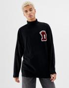 Asos Design Oversized Longline Long Sleeve T-shirt With Motif Applique And Roll Neck - Black