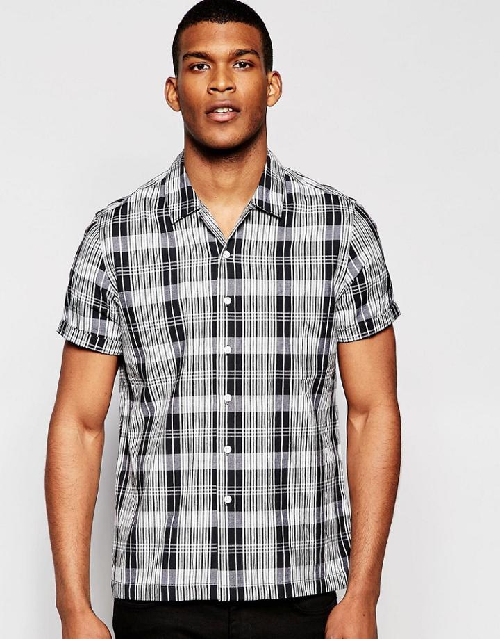Asos Check Shirt In Black With Revere Collar And Short Sleeves - Black